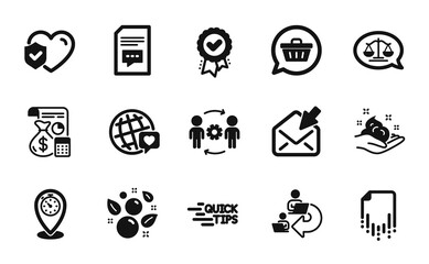 Fototapeta na wymiar Vector set of World brand, Skin care and Approved award icons simple set. Engineering team, Education and Justice scales icons. Clean bubbles, Open mail and Timer signs. Vector