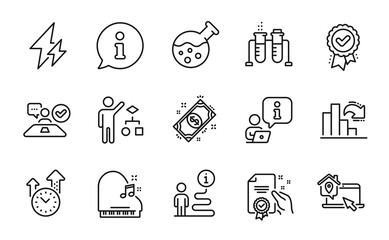 Education icons set. Included icon as Work home, Chemistry lab, Chemistry beaker signs. Approved award, Payment, Algorithm symbols. Decreasing graph, Job interview, Time management. Piano. Vector