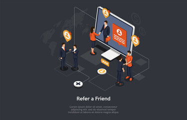Friend Refferal Program Conceptual Design. Special Bonus And Benefit System. Isometric Vector Illustration, Cartoon 3D Style. Modern Marketing. Computer Monitor, Group Of Six People Standing Near.