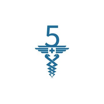 Number 5 with caduceus icon logo design vector