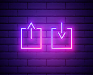 Glowing neon line Download and Upload icon isolated on brick wall background. Upload button. Load symbol. Arrow point to down. Colorful outline concept. Vector