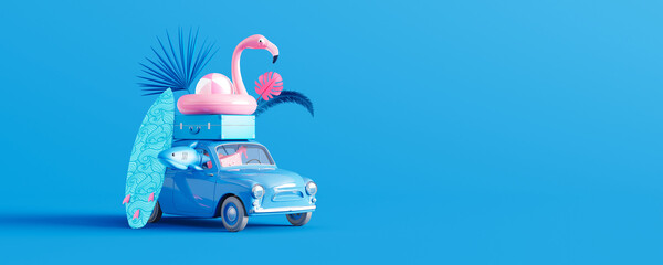 Blue car with luggage and beach accessories on blue background. Summer travel concept 3D Render 3D illustration - obrazy, fototapety, plakaty