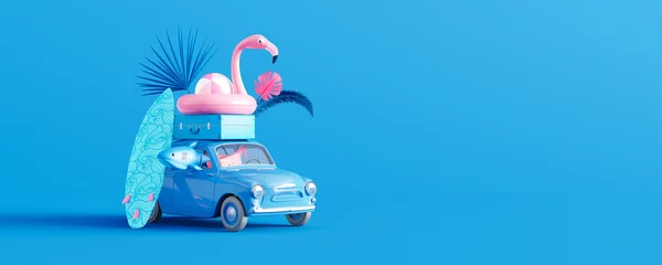 Poster Blue car with luggage and beach accessories on blue background. Summer travel concept 3D Render 3D illustration © brankospejs