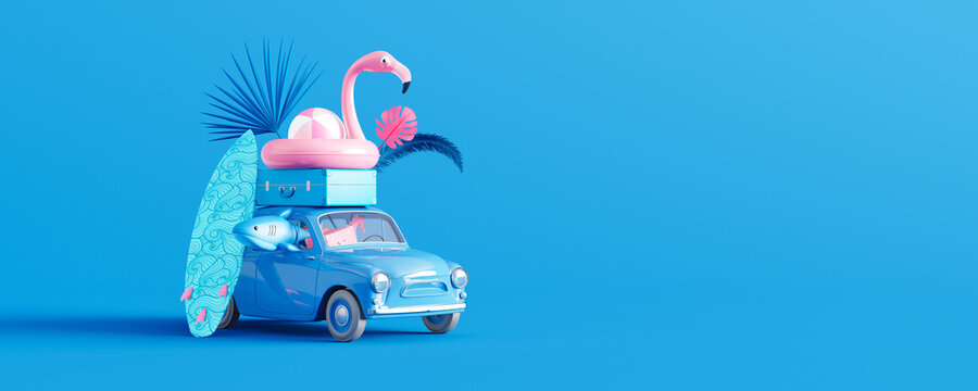 Blue car with luggage and beach accessories on blue background. Summer travel concept 3D Render 3D illustration