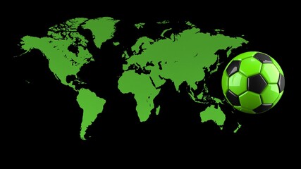 Green World Map and Black-Green Soccer Ball under black background. 3D illustration. 3D CG. High resolution. Format 16:9.
