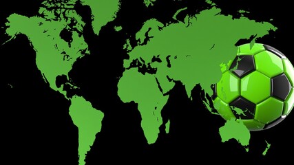 Green World Map and Black-Green Soccer Ball under black background. 3D illustration. 3D CG. High resolution. Format 16:9.