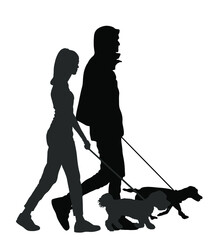 Urban couple in love walking dogs on the leash vector silhouette illustration isolated on white background. Owner handsome girl and boy with cute puppy pets. Woman and man enjoy outdoor after work. 