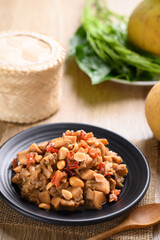 Thai food (Tum Kraton), Spicy santol salad with dry shrimp and peanut eating with fresh vegetables, Local Thai food