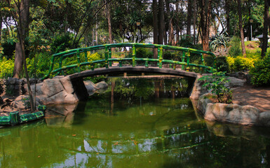Fototapeta na wymiar Japanese-themed bridge with a beautiful reflection