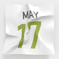 May 17 date on torn page of a calendar, 3d rendering