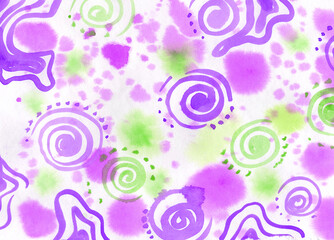 Watercolor paint abstract multicolor Background. Pink, green and violet spot and spiral texture. Backdrop of spots for packaging and web on canvas Backgrounds - obrazy, fototapety, plakaty