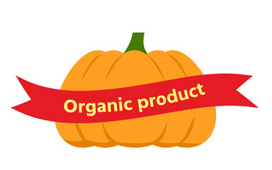 Large orange pumpkin with shadows on protruding places, with a small green tail on a white isolated background with a red ribbon. Poster, banner, advertisement, logo. Vegan organic label for product.
