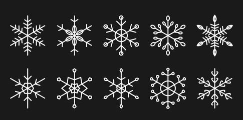 Set of white line silhouette symmetrical snowflakes icons vector flat isolated on black background. Christmas template winter snowflake. For mobile app and web sites, room decoration. Scrapbooking