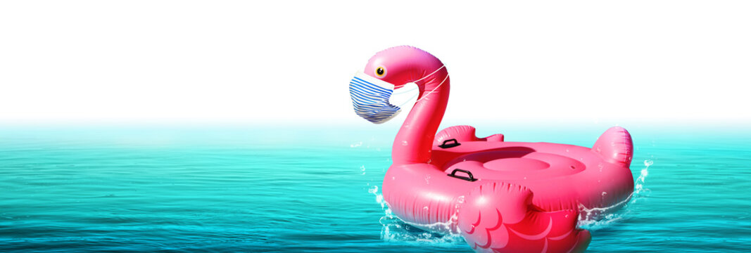 Inflatable swan with corona virus mask on vacation