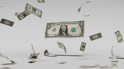 Dollars falling through the air, against a white background. 3d illustration