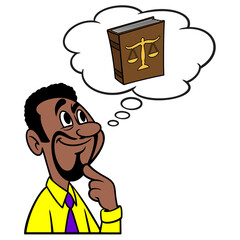 Man thinking about Law School - A cartoon illustration of a man thinking about a career as a practicing Lawyer.