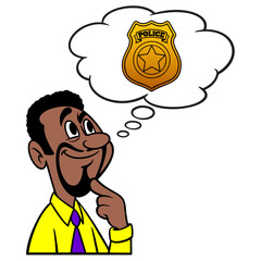 Man thinking about Law Enforcement - A cartoon illustration of a man thinking about a career in Law Enforcement.