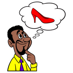 Man thinking about Ladies Dress Shoes - A cartoon illustration of a man thinking about wearing Ladies Dress Shoes.