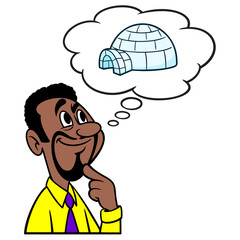 Man thinking about an Igloo - A cartoon illustration of a man thinking about building an Igloo.