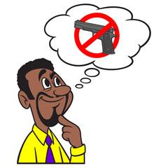 Man thinking about Gun Control - A cartoon illustration of a man thinking about Gun Control.