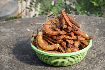 close up dry tamarind on plastic basket