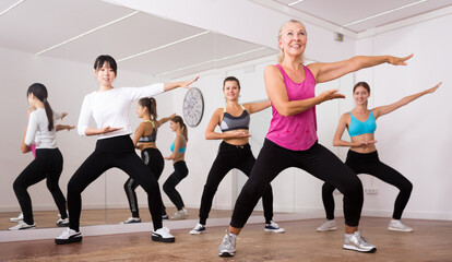 Fototapeta na wymiar Fitness women practicing zumba movements