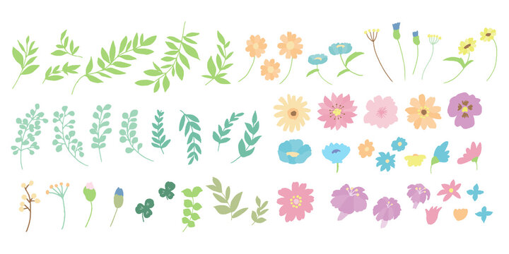 手描きの花と草木北欧風カラー　バラバラパーツのセット　Set of floral elements for graphic and web design. Vector illustrations for beauty,   hand drawn elements.