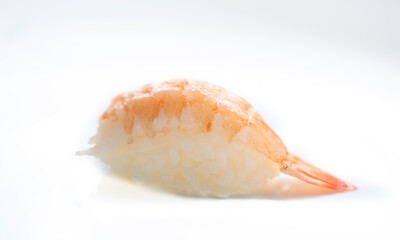 Ebi Nigiri.Ebi sushi, Japanese shrimp on Japanese rice.Japanese tradition food cuisine style with white isolated background.nigiri ebi sushi.