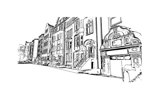 recommend clip art: Building view with landmark of Gelsenkirchen is a city in western Germany. Hand drawn sketch illustration in vector.