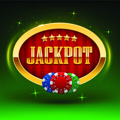Glowing Jackpot golden banner. Vector illustration for winners of poker, cards, roulette and lottery. Shining retro Jackpot banner on green background. Vector illustration.