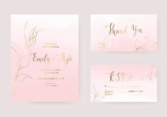 Wedding pink watercolor invitation design, thank you and rsvp cards with gold leaves.