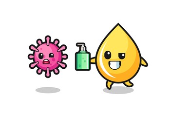 illustration of honey drop character chasing evil virus with hand sanitizer