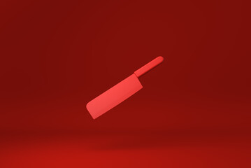 Kitchen knife floating in Red background. minimal concept idea creative. 3D render.