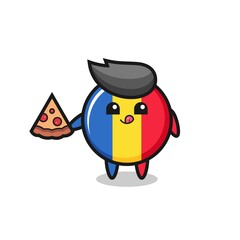 cute romania flag badge cartoon eating pizza