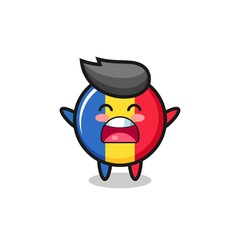 cute romania flag badge mascot with a yawn expression