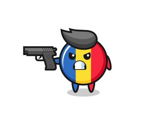 the cute romania flag badge character shoot with a gun
