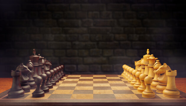 Premium Photo  A set of bright wooden chess pieces placed on a chessboard  in a brick wall background. the concept of business strategy planning. copy  space for text or article. 3d