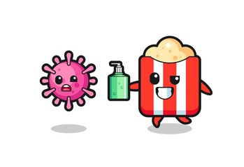 illustration of popcorn character chasing evil virus with hand sanitizer