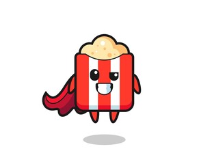 the cute popcorn character as a flying superhero