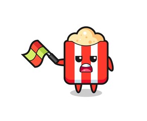 popcorn cartoon as the line judge hold the flag up at a 45 degree angle