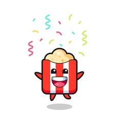happy popcorn mascot jumping for congratulation with colour confetti