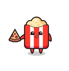 cute popcorn cartoon eating pizza