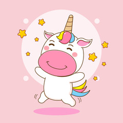 Cute unicorn character with stars around. Cartoon design illustration