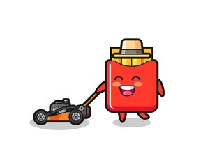 illustration of the french fries character using lawn mower