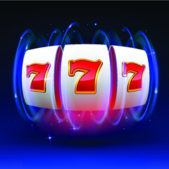 Slot machine wins the jackpot. 777 Big win casino concept. Slot machine on a blue background with an explosion of spinning light. Vector illustration