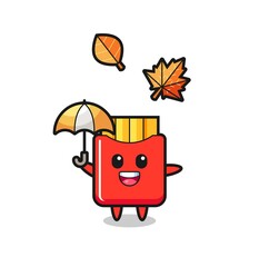 cartoon of the cute french fries holding an umbrella in autumn