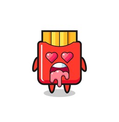 the falling in love expression of a cute french fries with heart shaped eyes