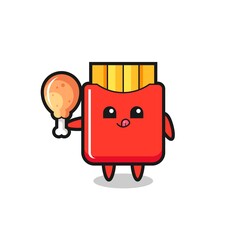 french fries cute mascot is eating a fried chicken