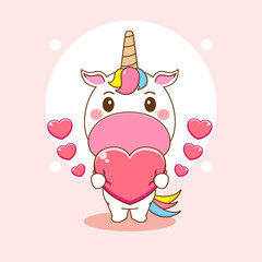 Obraz na płótnie Canvas Cute unicorn character holding love. Cartoon design illustration