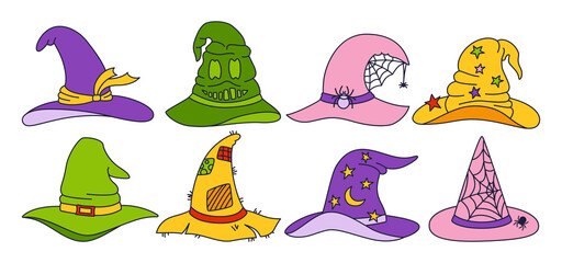 Witch hat Halloween bright doodle set. Party line magic hats, horror wizard headdress celebrate element. Scary cap with buckle. Design symbol costume element Halloween. Isolated vector illustration